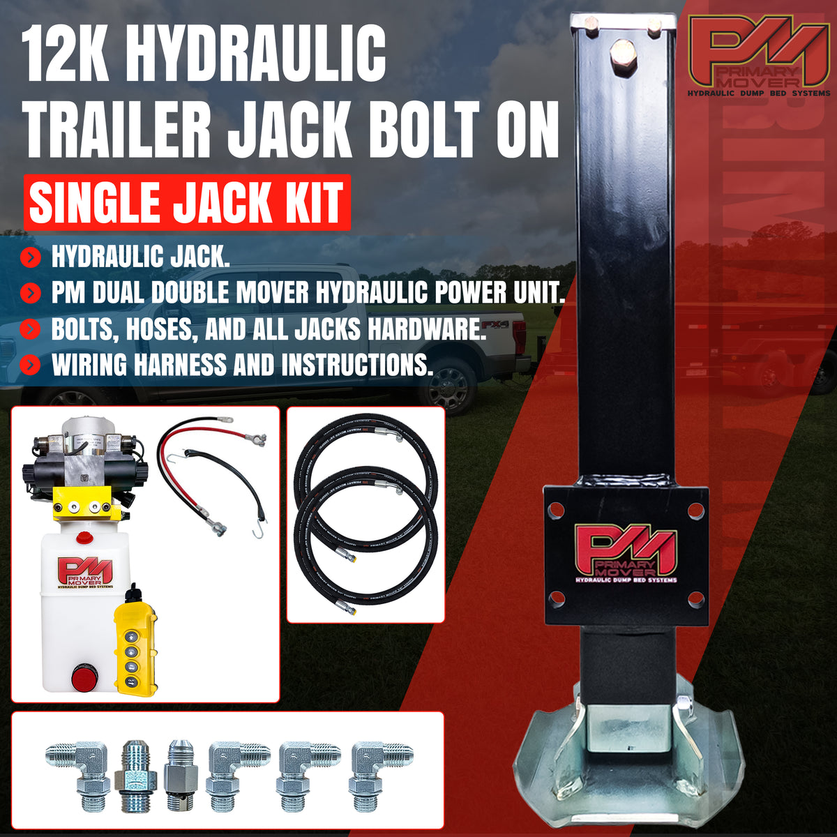 12K Single Hydraulic Trailer Jack Leg Kit with Dual Double power unit, featuring a metal jack, black remote, and red signage for weld-on or bolt-on installation.