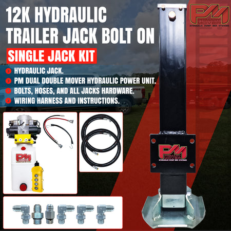 12K Single Hydraulic Trailer Jack Leg Kit with Dual Double power unit, featuring a metal jack, black remote, and red signage for weld-on or bolt-on installation.