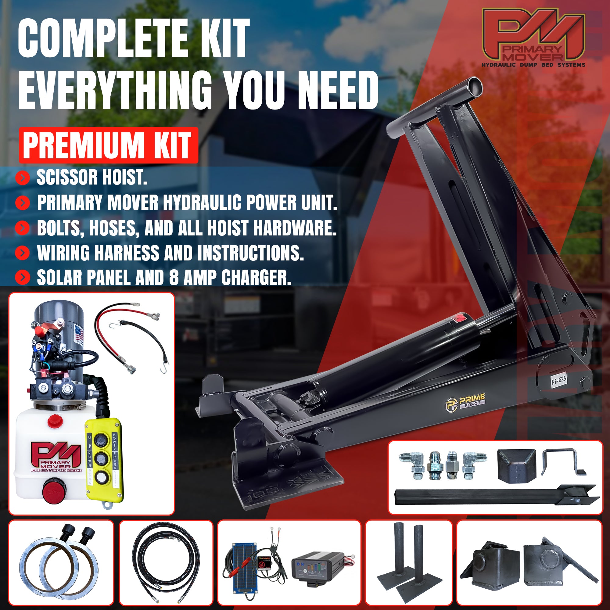 12 Ton HD Hydraulic Scissor Hoist Kit PF-625, featuring a robust cylinder and reinforced frame, ideal for 16-20' dump trailers, depicted with essential components.