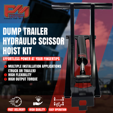 PF-416 6 Ton Hydraulic Scissor Hoist Kit, ideal for 10-14' dump bodies, shown with mounting brackets and hydraulic components, enhancing compact heavy-duty lifting.
