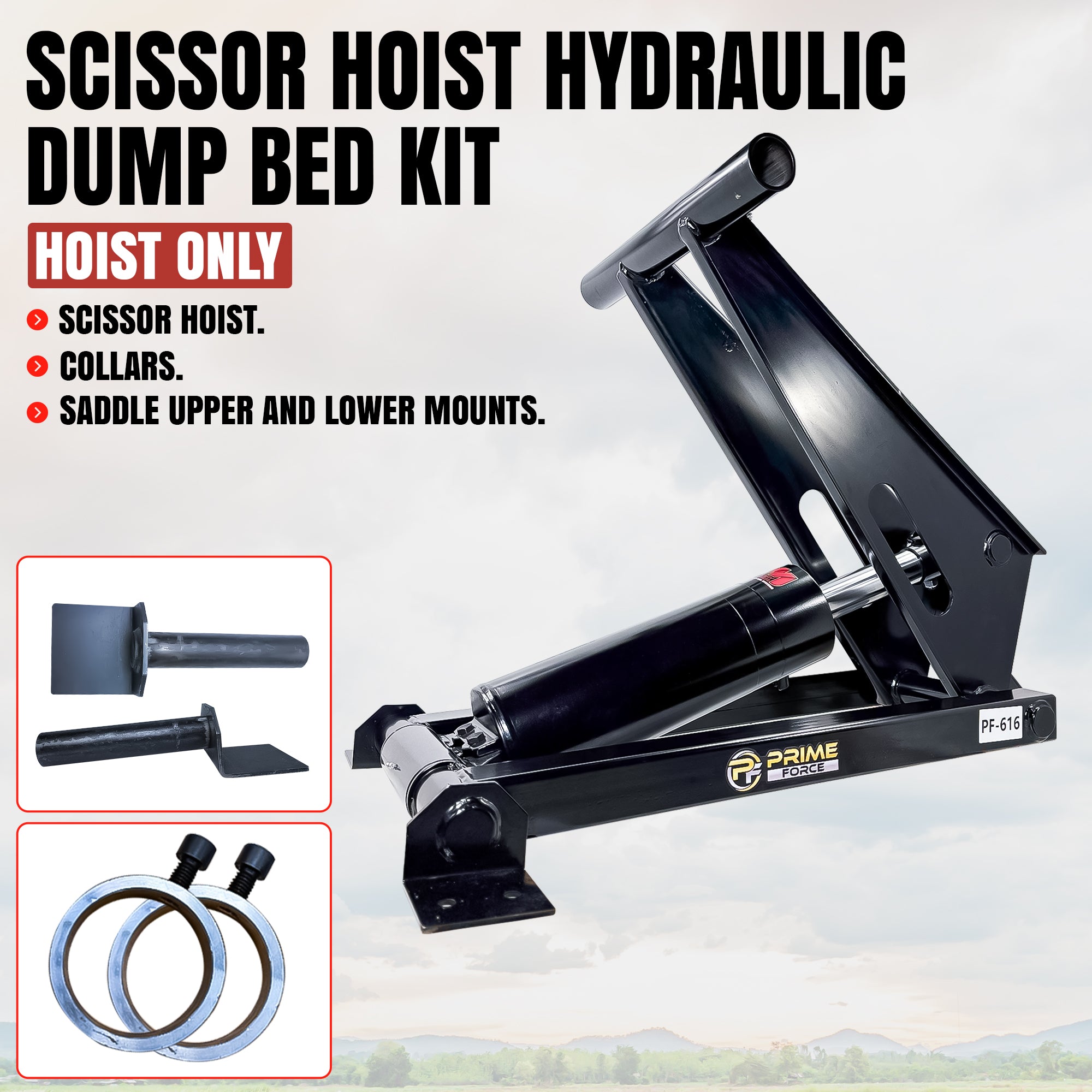 11 Ton Hydraulic Scissor Hoist Kit - Fits 12-16' Dump Body PF-616-6  
Scissor-style hoist assembly with hydraulic cylinder, tubular steel collars, and mounting brackets for truck frame installation. Suitable for heavy-duty dump trailers.