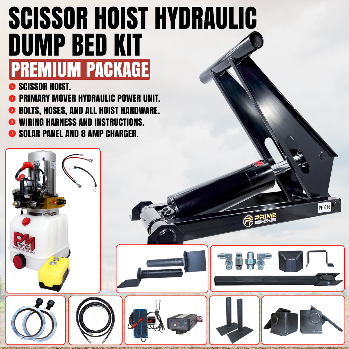 **Title:** 11 Ton Hydraulic Scissor Hoist Kit for 12-16' Dump Body
**Alt Text:** Scissor hoist kit with hydraulic assembly, power unit, hoses, brackets, solar charger, and control switch for 12-16' dump trailers.
