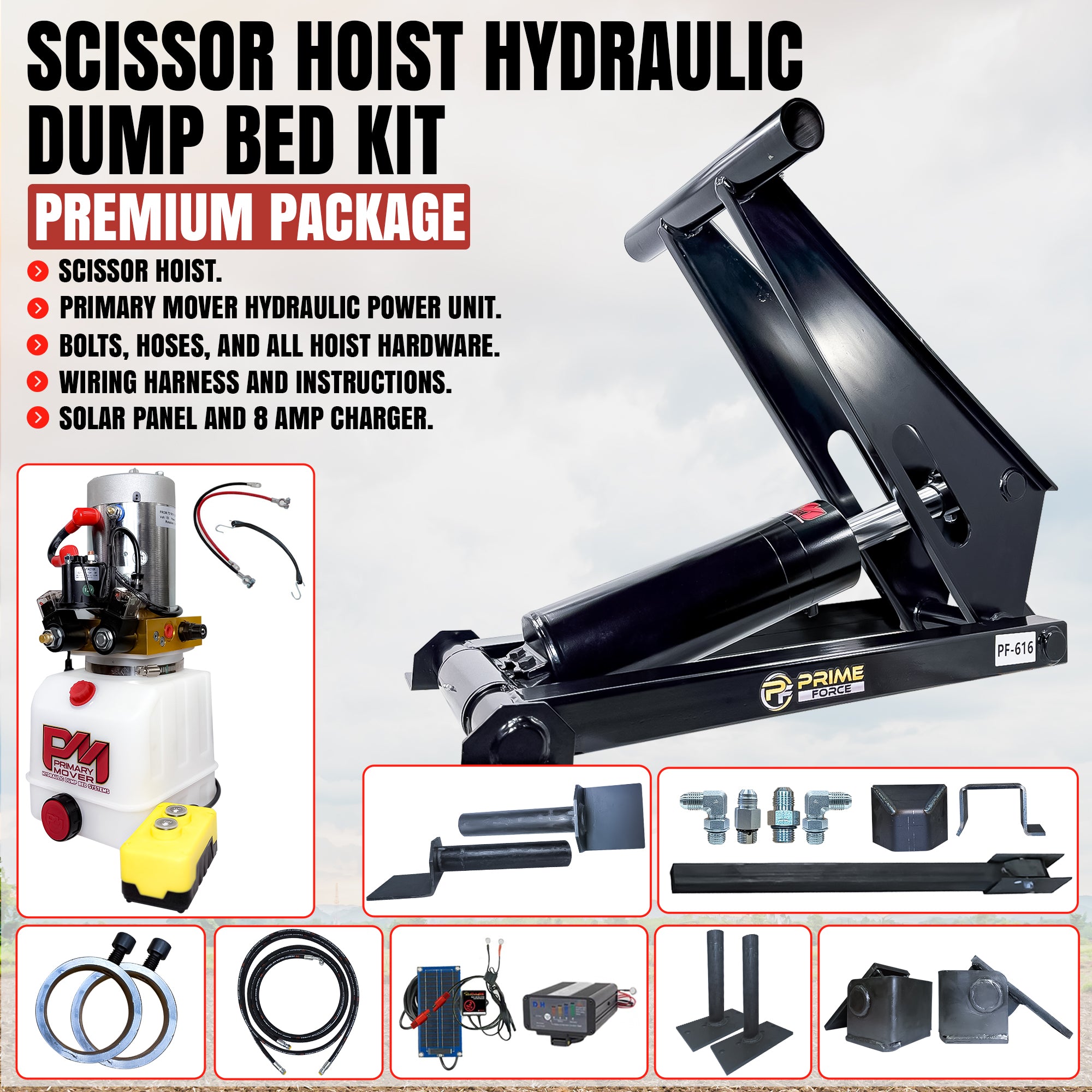 **Title:** 11 Ton Hydraulic Scissor Hoist Kit for 12-16' Dump Body
**Alt Text:** Scissor hoist kit with hydraulic assembly, power unit, hoses, brackets, solar charger, and control switch for 12-16' dump trailers.