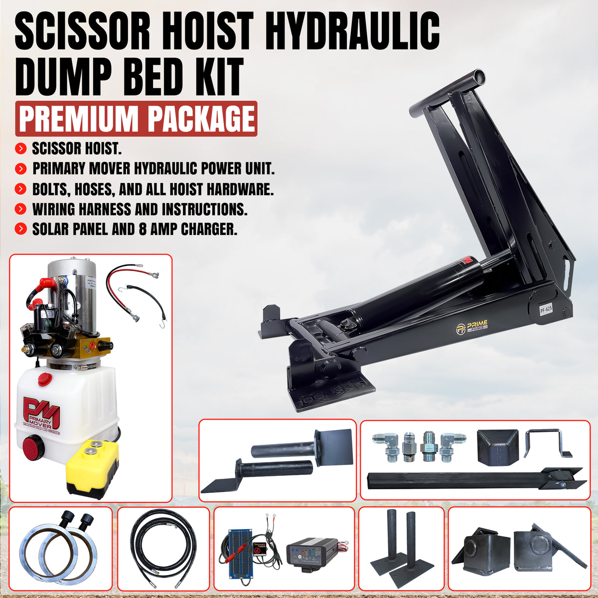 **Title:** 12 Ton HD Hydraulic Scissor Hoist Kit - PF-625
**Alt Text:** Detailed layout of the 12 Ton HD Hydraulic Scissor Hoist Kit - PF-625, showcasing components including hoist assembly, hydraulic unit, solar charger, and installation hardware.
**Meta Description:** Explore the PF-625 12 Ton HD Hydraulic Scissor Hoist Kit, designed for 16-20' dump bodies, featuring robust components for extreme durability and efficiency.