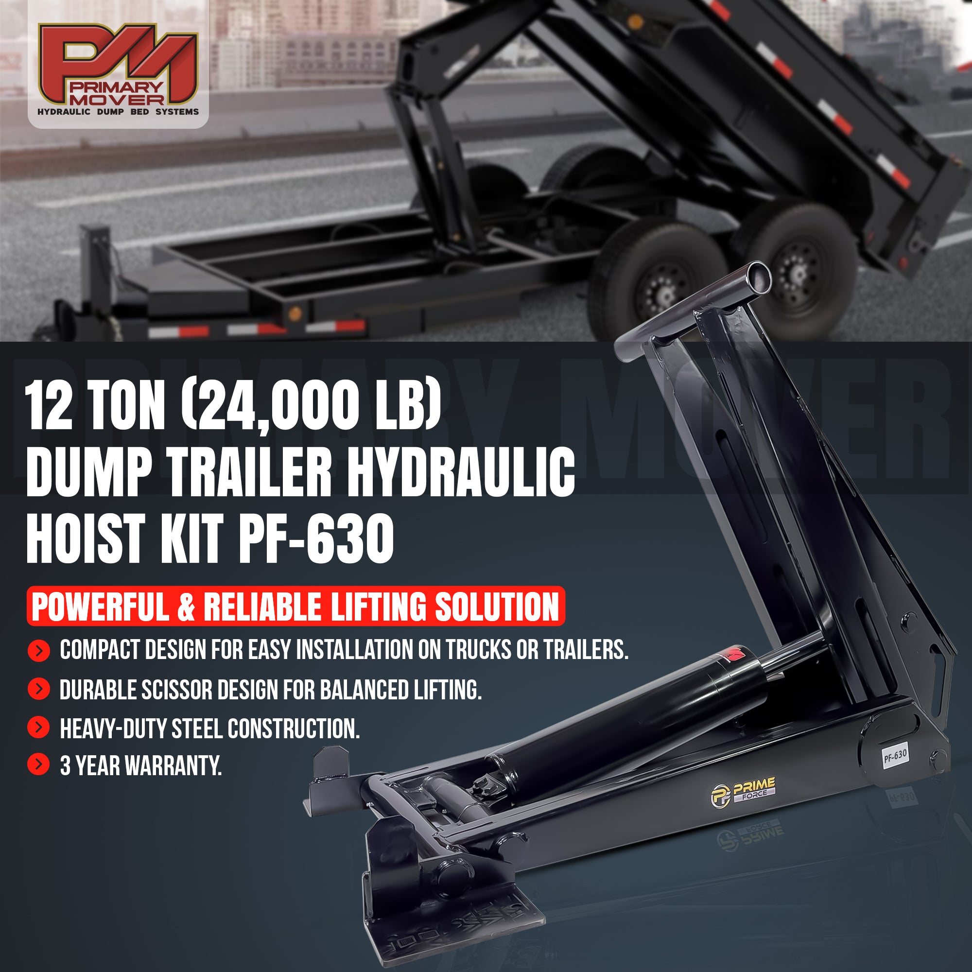 14 Ton HD Hydraulic Scissor Hoist Kit PF-630 (New) close-up, showcasing robust tire and exhaust components, highlighting its industry-leading 6.5 cylinder and heavy-duty frame.