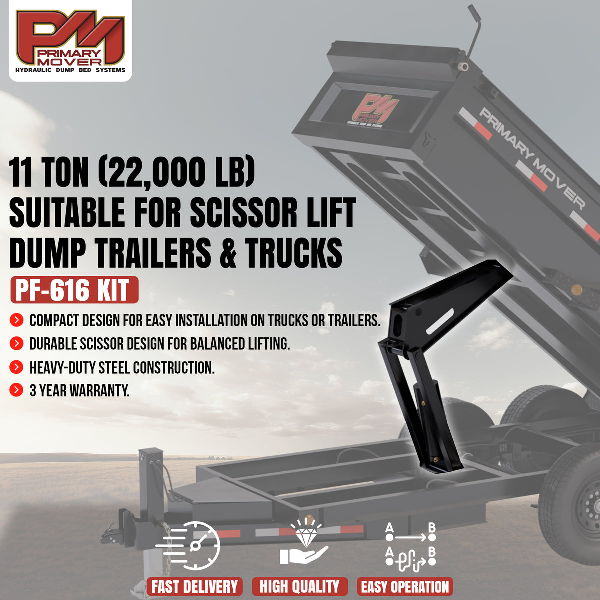 **Title**: 11 Ton Hydraulic Scissor Hoist Kit for 12-16' Dump Body
**Meta Description**: Discover the PF-616-6 hydraulic scissor hoist kit, designed for 12-16' dump trailers and trucks, featuring 11-ton capacity and durable construction.
**Alt Text**: Primary Mover PF-616-6 scissor-lift kit shown on raised dump truck bed, highlighting 11-ton capacity, compact design, and durability.