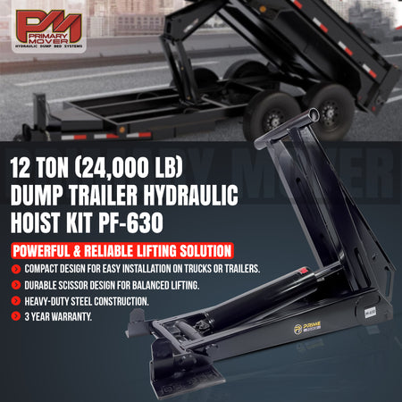 14 Ton HD Hydraulic Scissor Hoist Kit PF-630 with extreme lift power, robust frame, and heavy-duty hinges, ideal for 18-24' dump trailers.
