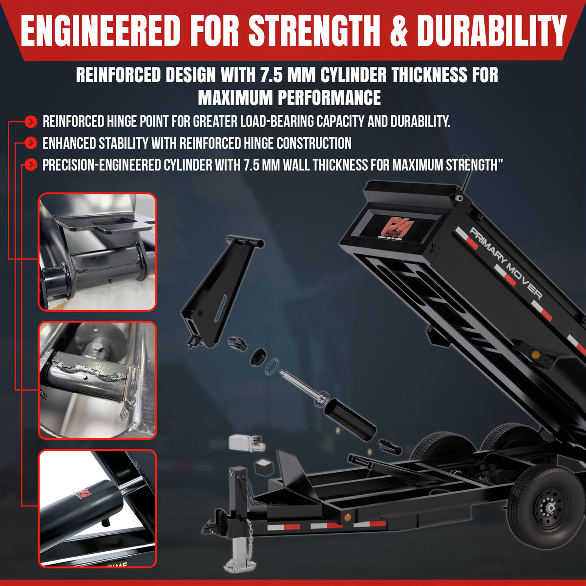 8 Ton Hydraulic Scissor Hoist Kit PF-516 for 10-14' dump bodies, featuring a heavy-duty cylinder, wheel close-up, and logo on black surface.