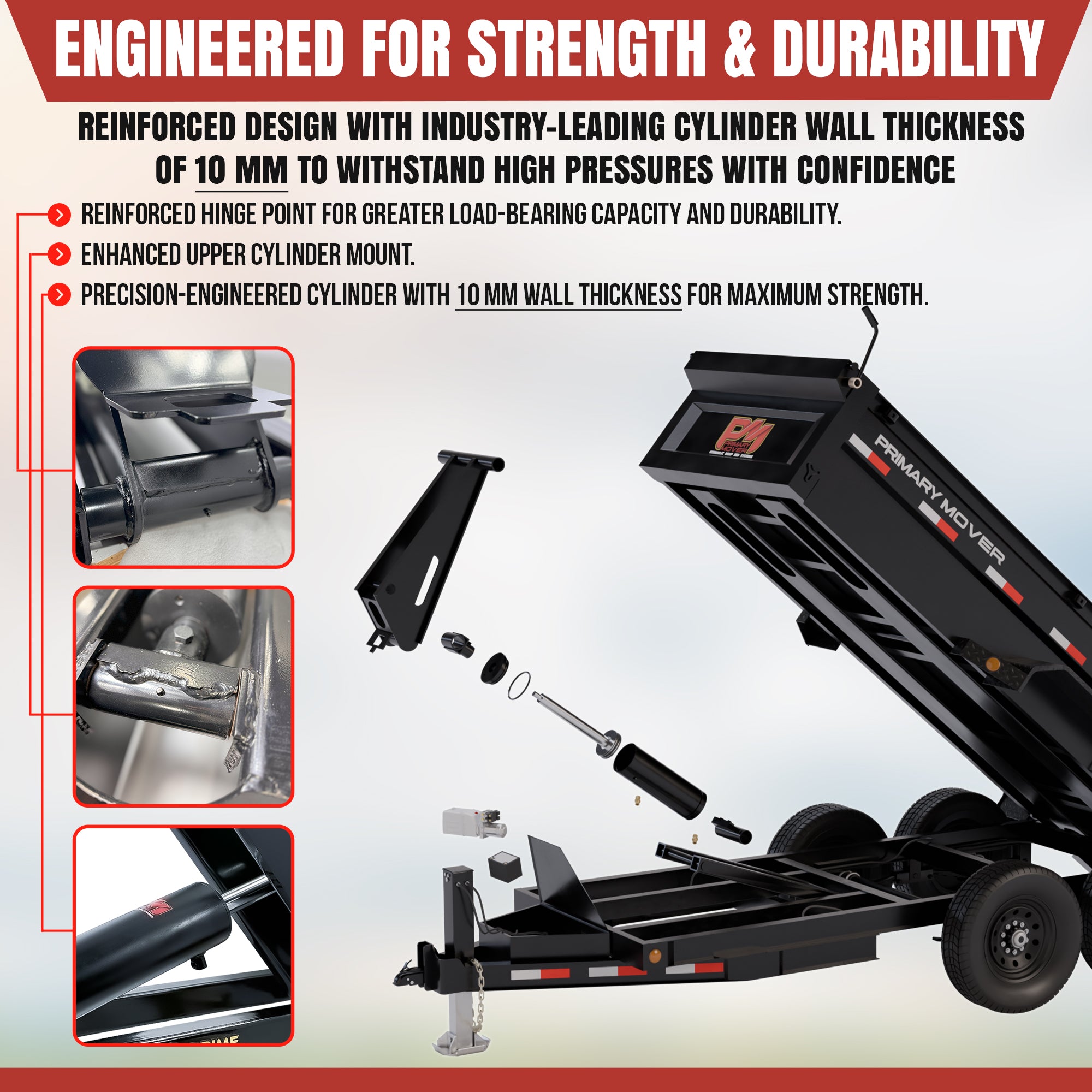11 Ton Hydraulic Scissor Hoist Kit - Fits 12-16' Dump Body PF-616-6
Explosion view of hydraulic cylinder, reinforced hinge, and mounts; features 10mm wall thickness for enhanced durability and 11-ton lift capacity.