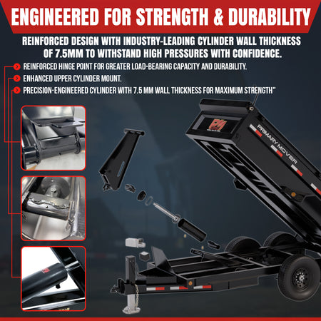 6 Ton Hydraulic Scissor Hoist Kit PF-416 for 10-14' dump bodies, featuring a powerful lift system, visible wheel and close-up of black metal component.