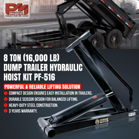 8 Ton Hydraulic Scissor Hoist Kit - PF-516, includes a heavy-duty 5.5 cylinder, mounting brackets, and hydraulic components; ideal for 10-14' dump trailers.