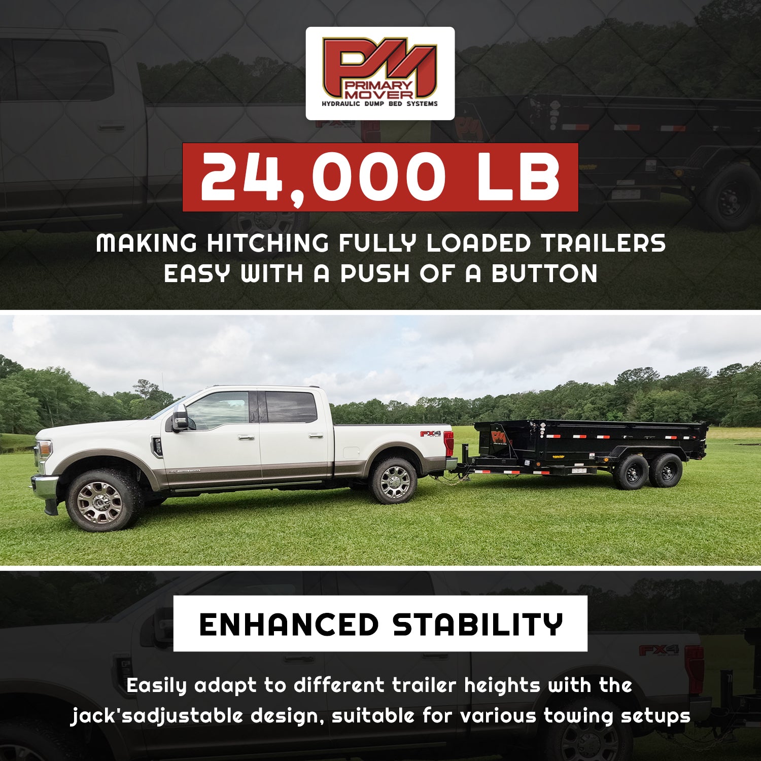 24k Double Hydraulic Trailer Jack Leg Kit shown with close-up of jack components, highlighting dual jacks for heavy-duty lifting and hydraulic system features.