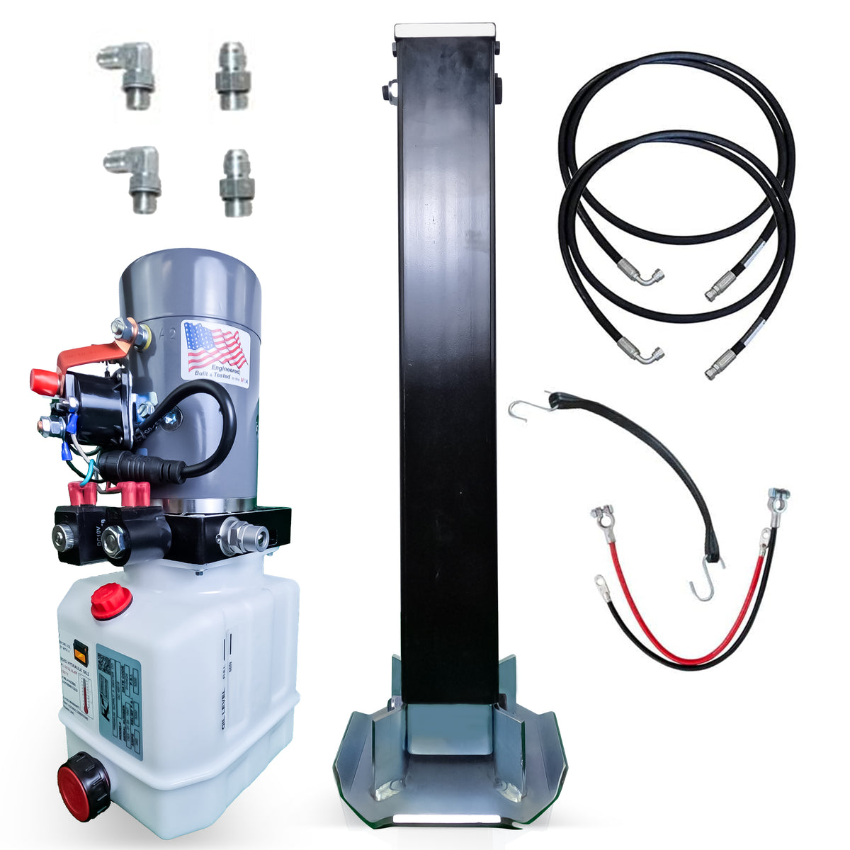 A high-performance 12k Single Hydraulic Trailer Jack Leg Kit, featuring hoses, a powerful hydraulic system, dual holding valve, and zinc-plated components for towing reliability.