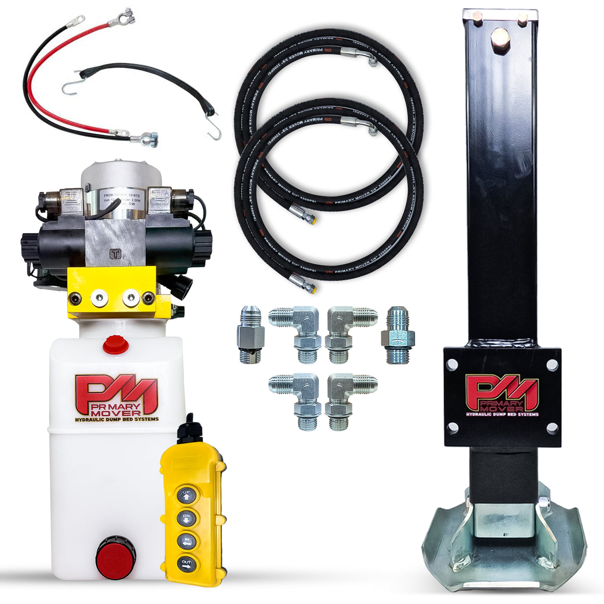 12k Single Hydraulic Trailer Jack Leg Kit with hook and cables, featuring a compact power unit for dual-function control of jack and dump.