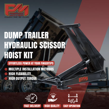 Hydraulic Scissor Hoist Kit - 12 Ton Capacity - Fits 16-20' Dump Body | PF-625. Image: Black metal object with text, scissor lifter with red and white text, red and yellow logo.