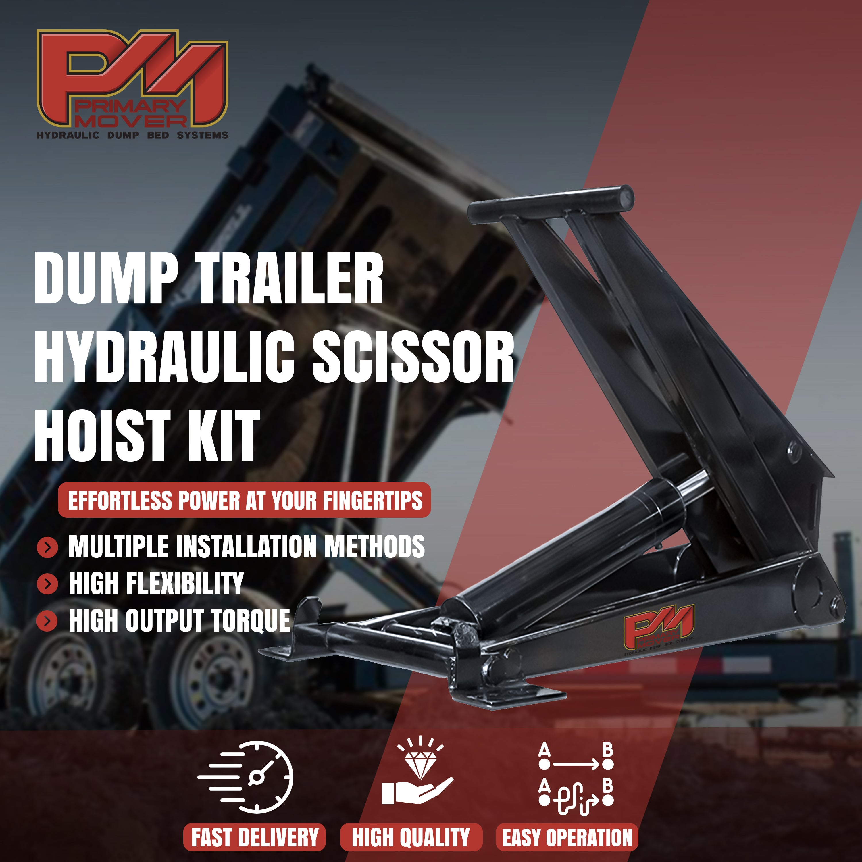 Hydraulic Scissor Hoist Kit - 12 Ton Capacity - Fits 18-24' Dump Body | PF-630. Image: Black metal scissor lifter with red and white text, a durable and reliable hoist kit for hydraulic dump needs.