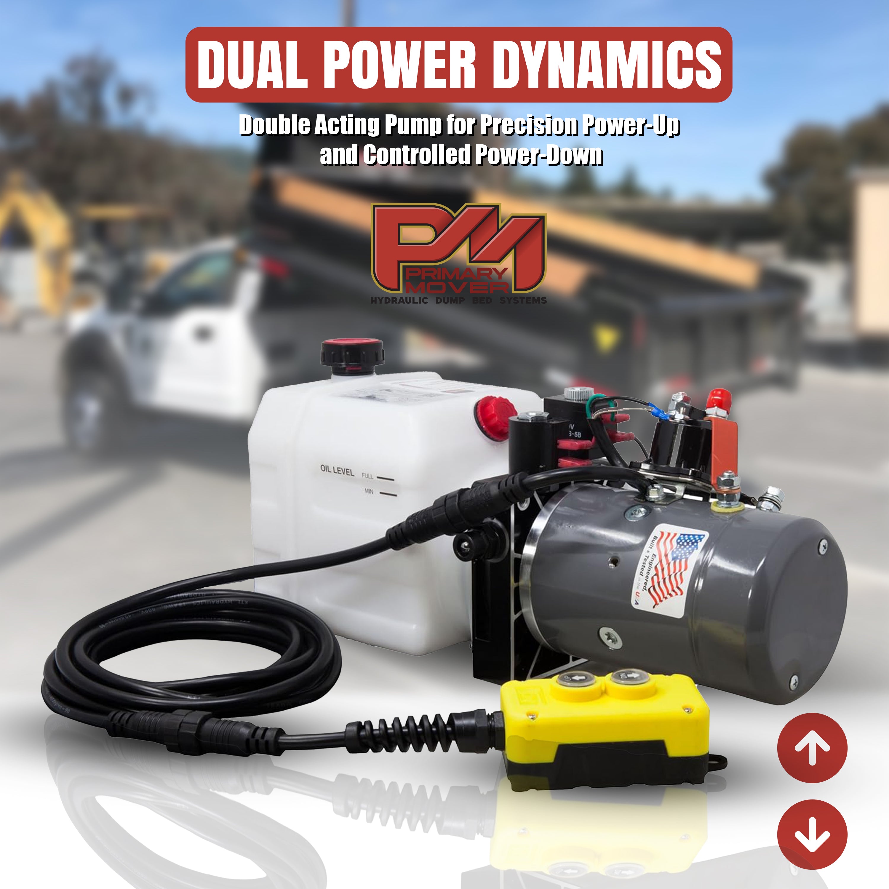 Primary Mover Hydraulic Trailer Jack with 12,000 lb. lifting capacity, dual holding valve, zinc-plated components for durability, and adjustable height for versatile towing needs.