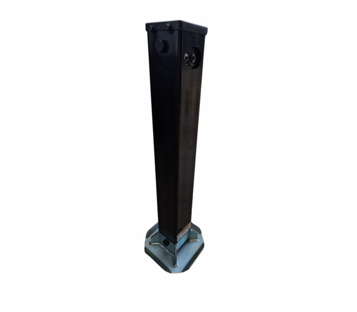 A black hydraulic trailer jack with a metal base and a screw, showcasing a durable design for towing reliability.