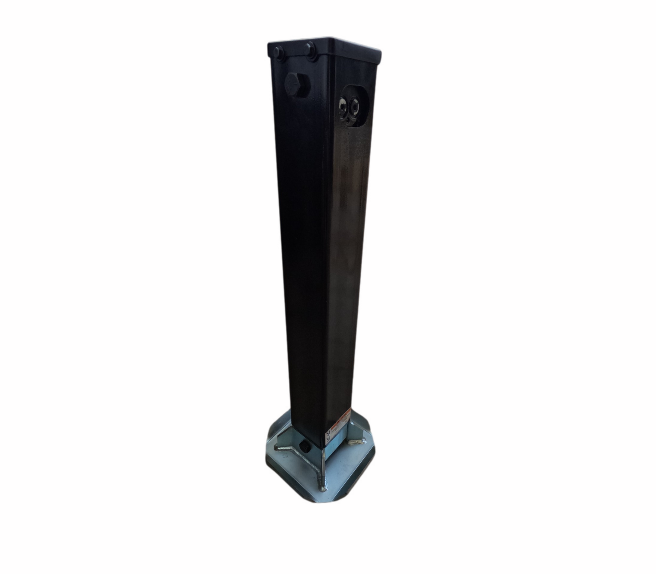 Primary Mover Hydraulic Trailer Jack: 12k Single Hydraulic Leg Kit for Weld On or Bolt On. Robust black square design with zinc-plated components, dual holding valve, and 12,000-pound lifting capacity.