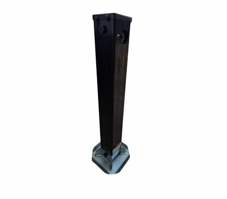 A black rectangular hydraulic trailer jack with a metal base, featuring a powerful hydraulic system and dual holding valve for stability. Ideal for heavy towing needs.