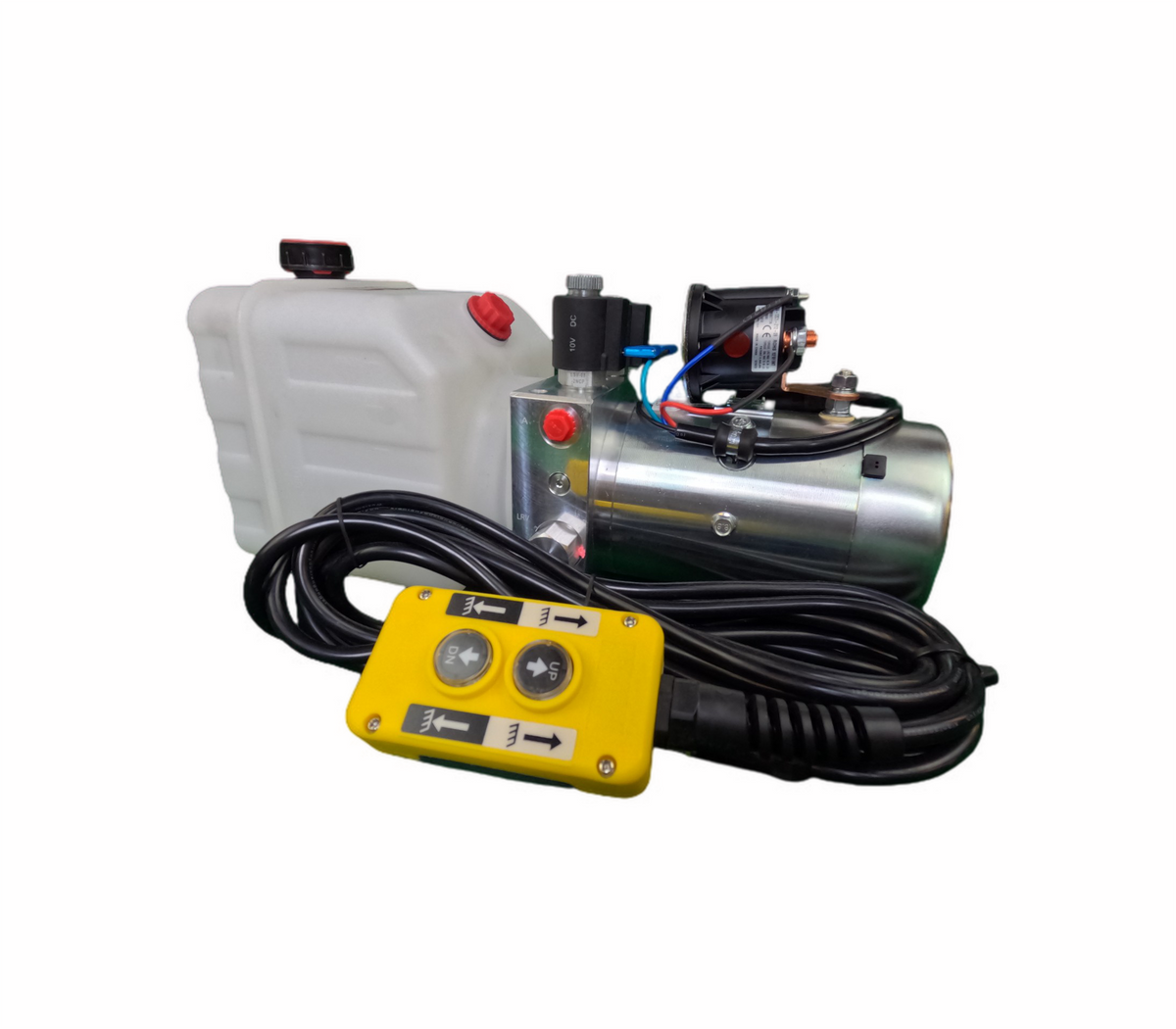 DLH 12V Double-Acting Hydraulic Pump - Poly Reservoir: A machine with a yellow rectangular device, buttons, and a remote control, offering reliable hydraulic power for dump bed trailers and trucks.