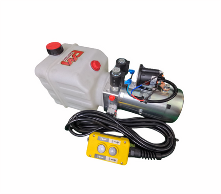 DLH 12V Double-Acting Hydraulic Pump - Poly Reservoir with red knob, black wires, and yellow control panel, offering reliable hydraulic power for dump bed trailers and trucks.