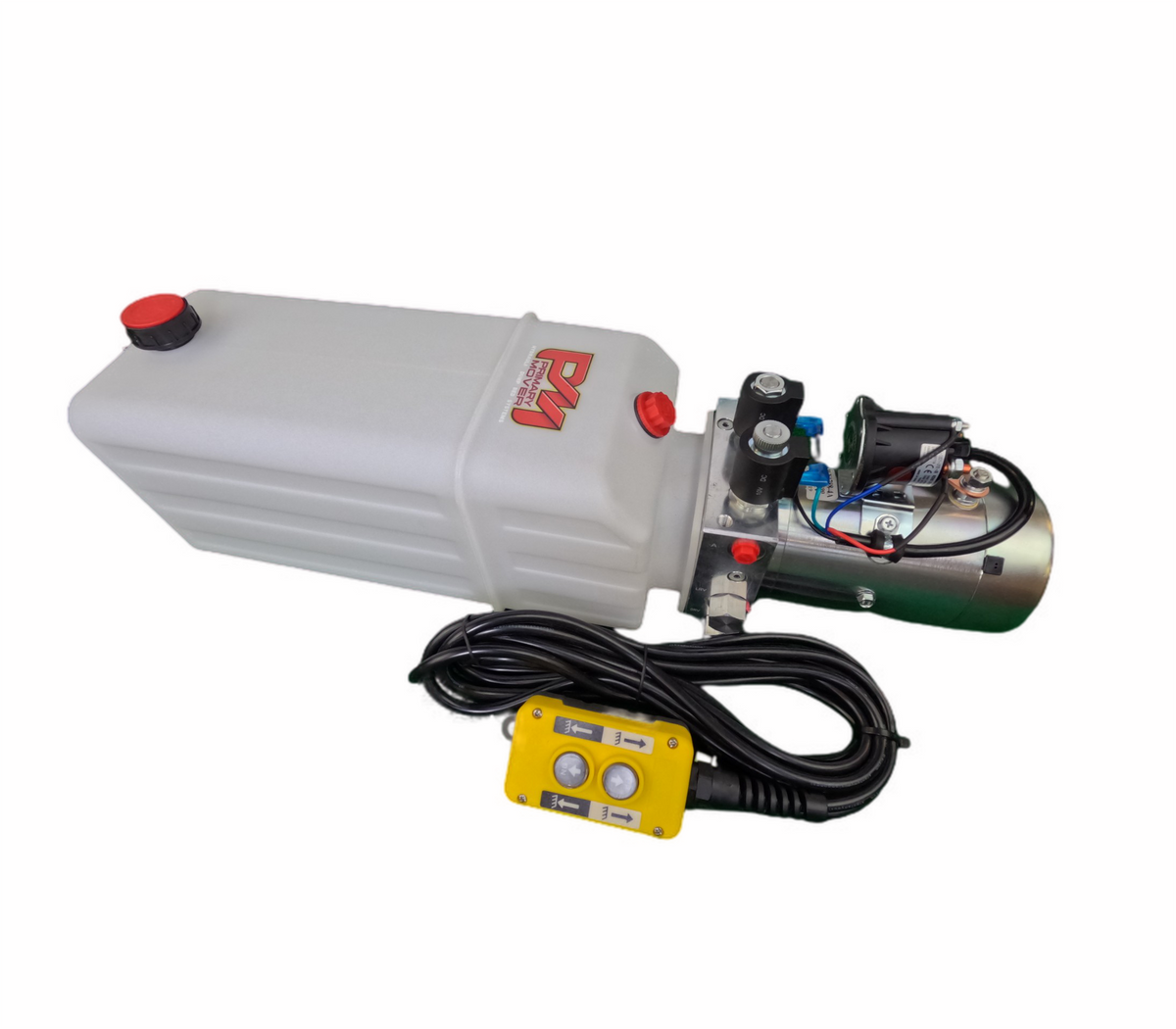 DLH 12V Double-Acting Hydraulic Pump - Poly Reservoir with yellow control panel, white buttons, and black wires. Reliable, robust construction for dump bed trailers and trucks.