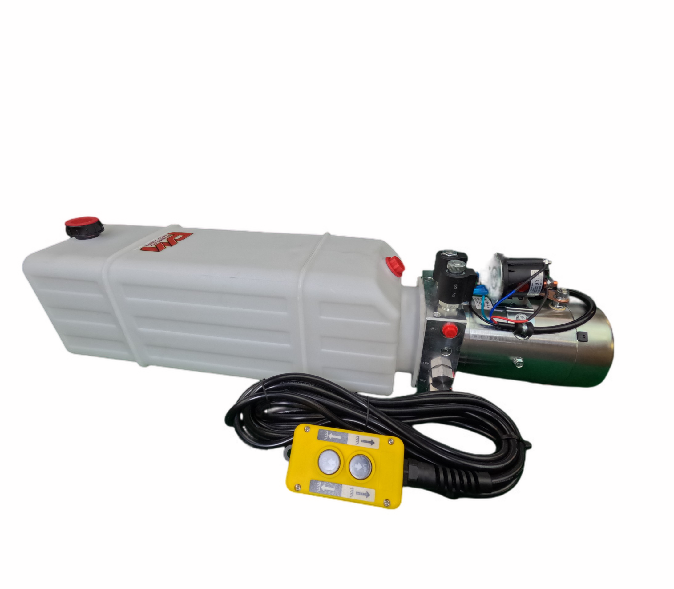 DLH 12V Double-Acting Hydraulic Pump - Poly Reservoir: A white plastic tank with a red button and black cable, offering reliable hydraulic power for dump bed trailers and trucks.