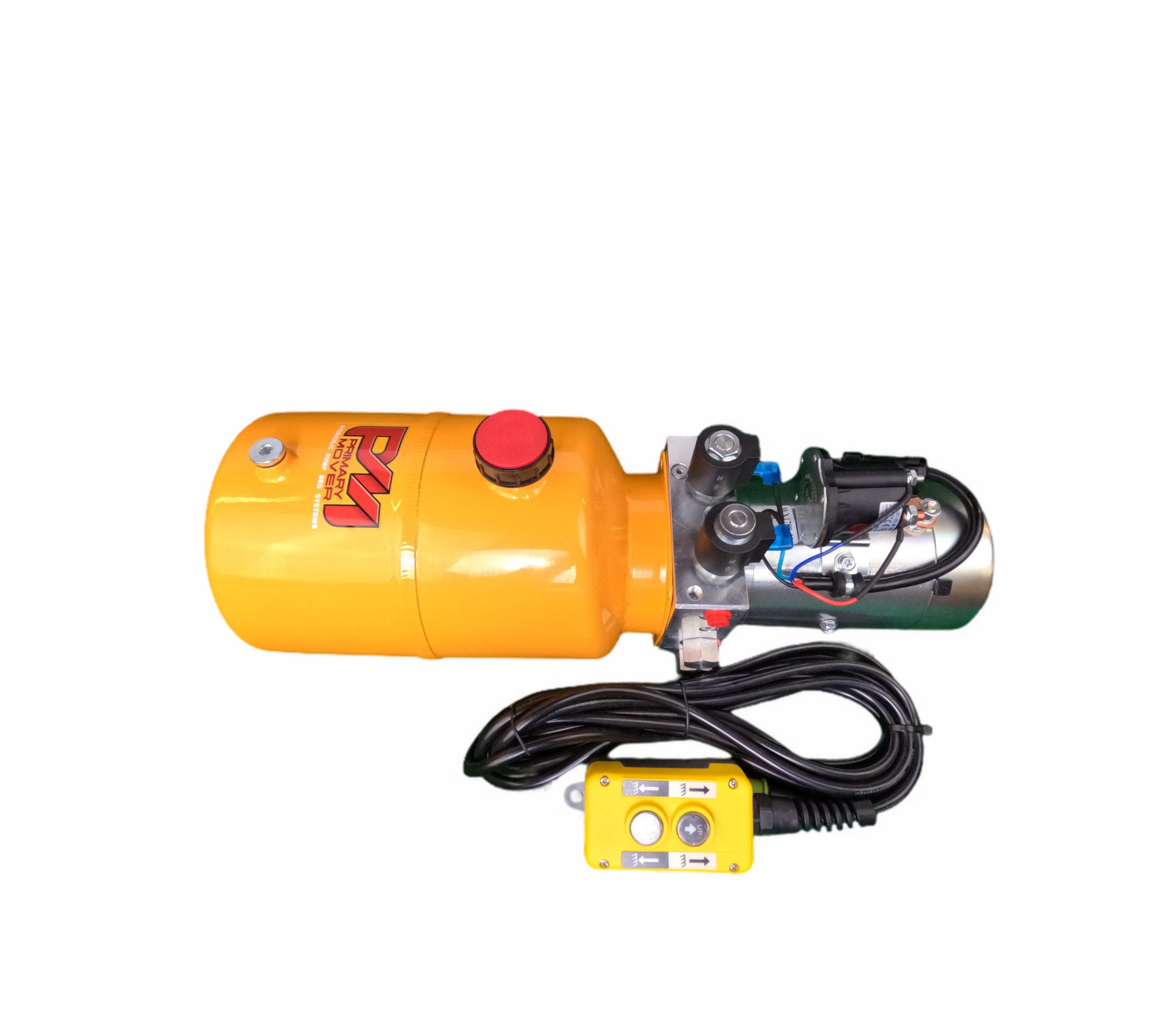 DLH 12V Double-Acting Hydraulic Pump - Steel Reservoir with dual-acting power-up/down, 3200 PSI max relief, 2.0 GPM, SAE #6 port, hand-held pendant, and 1-year warranty.