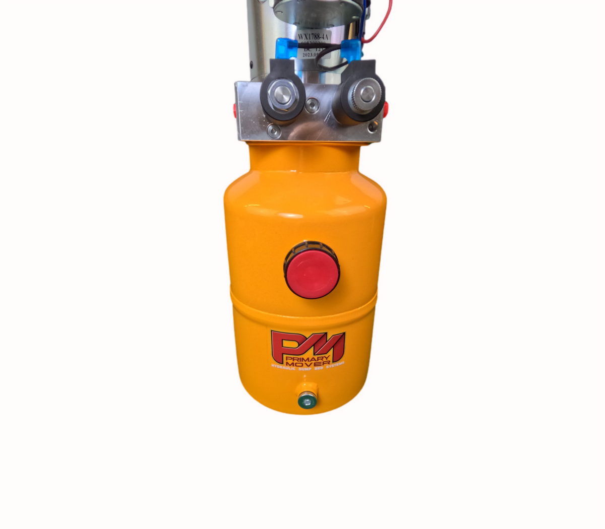 DLH 12V Double-Acting Hydraulic Pump with Steel Reservoir: Dual-acting pump with red button on yellow cylinder, offering reliable hydraulic power, enhanced functionality, robust construction, versatile compatibility, and optimized performance.