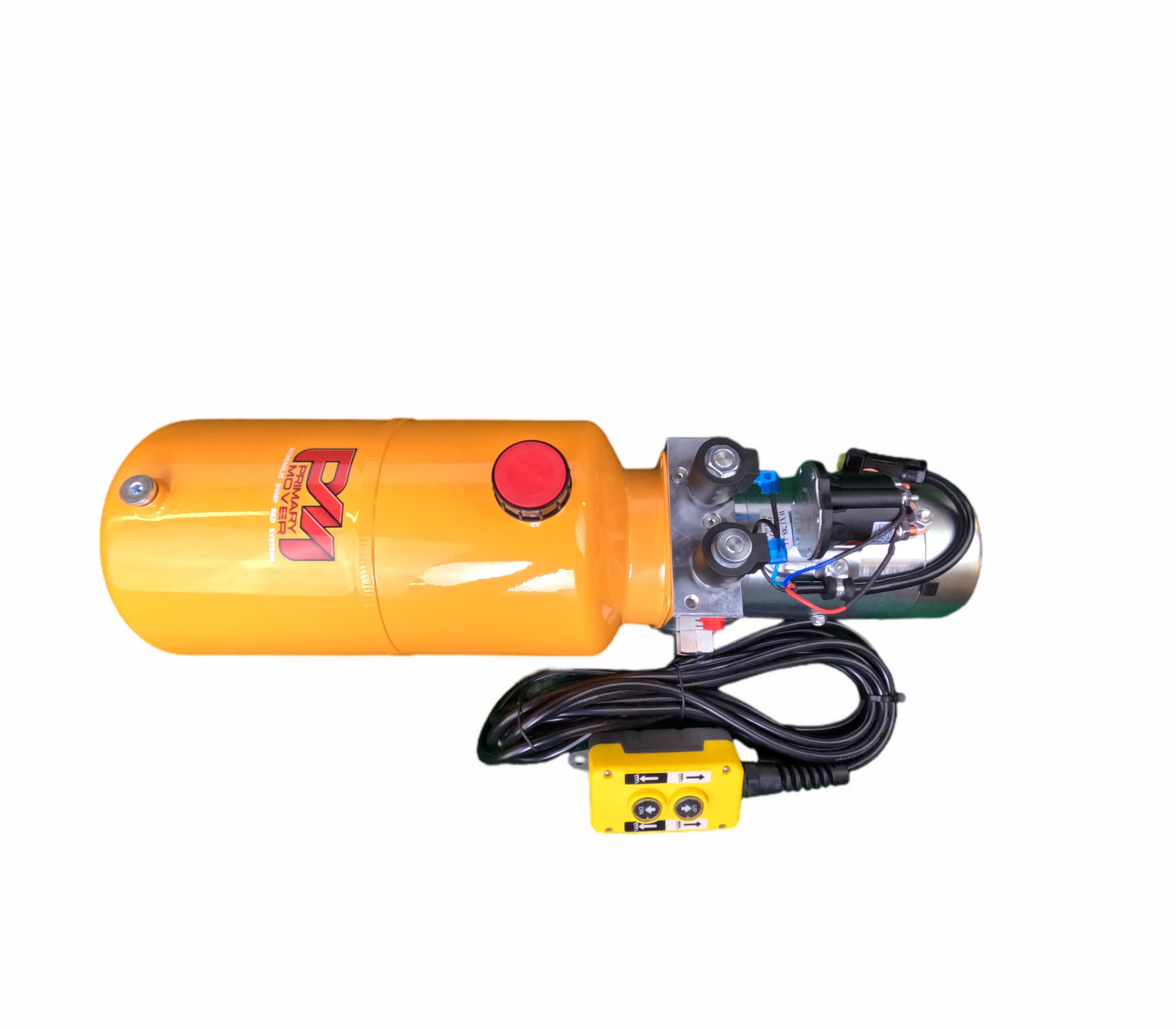 DLH 12V Double-Acting Hydraulic Pump with Steel Reservoir: Dual-acting pump with red button, black wires, and yellow cylinder for efficient dump bed operation.