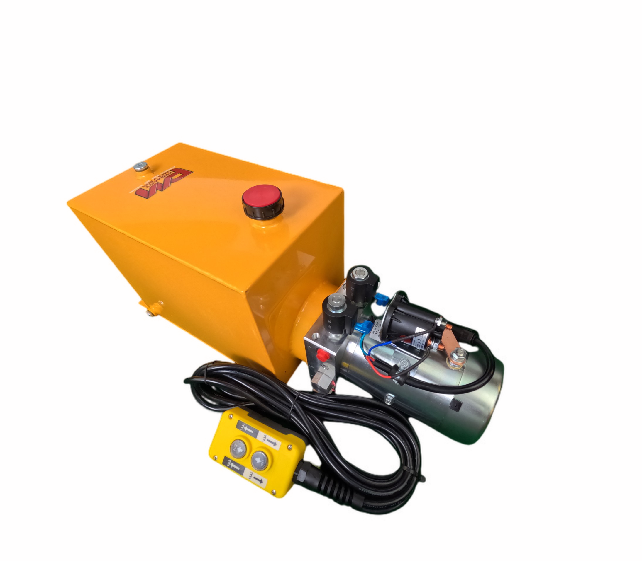 DLH 12V Double-Acting Hydraulic Pump with Steel Reservoir, featuring dual-acting power-up/power-down functionality, 3200 PSI max relief setting, 2.0 GPM, and versatile compatibility for hydraulic systems.