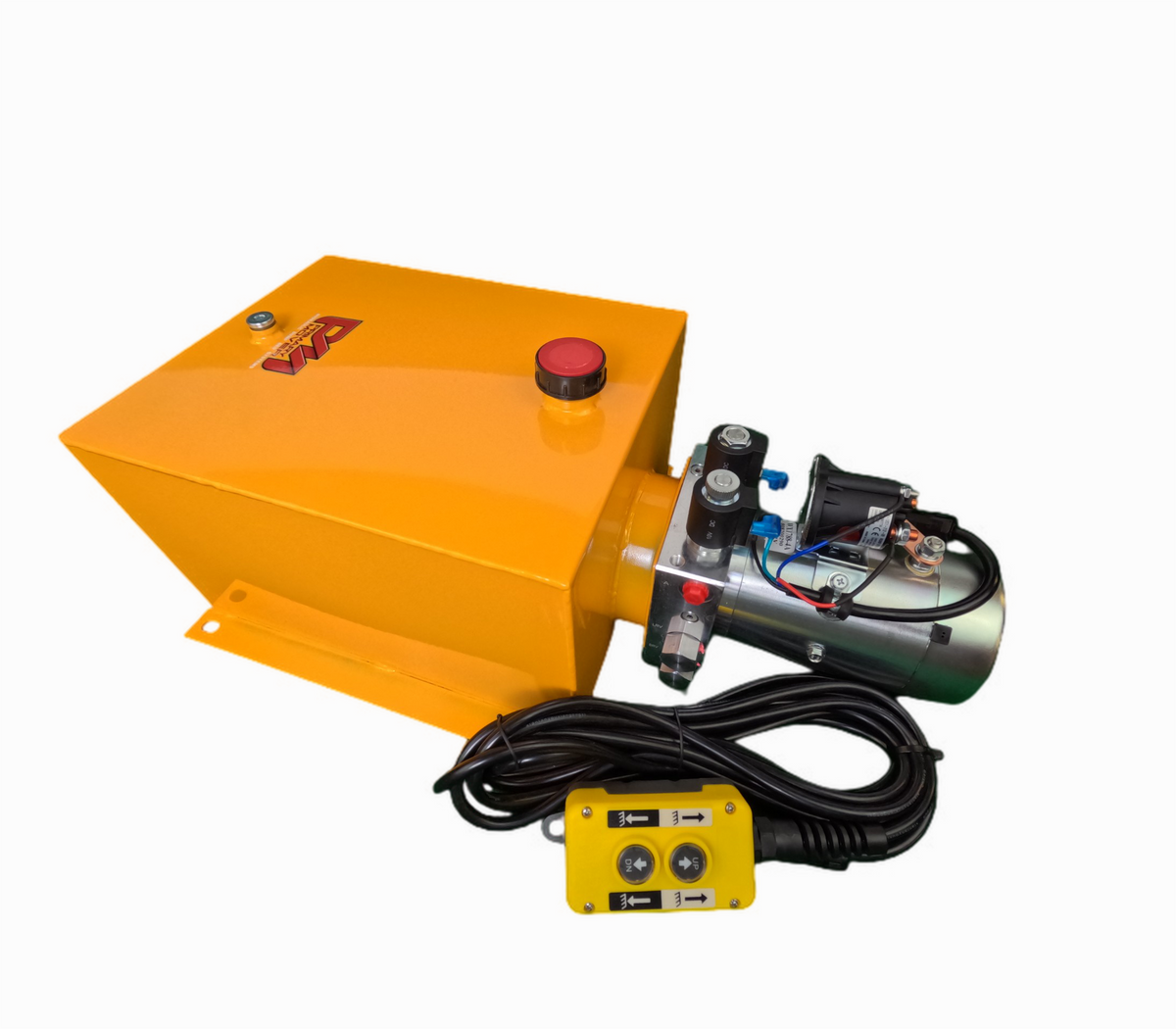 DLH 12V Double-Acting Hydraulic Pump - Steel Reservoir, dual-acting hydraulic pump with red button and yellow metal box, optimized for dump bed trailers and trucks.