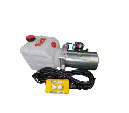 A white plastic container with red buttons and black cords, showcasing the DLH 12V Single-Acting Hydraulic Pump - Poly Reservoir for efficient hydraulic operations in various applications.