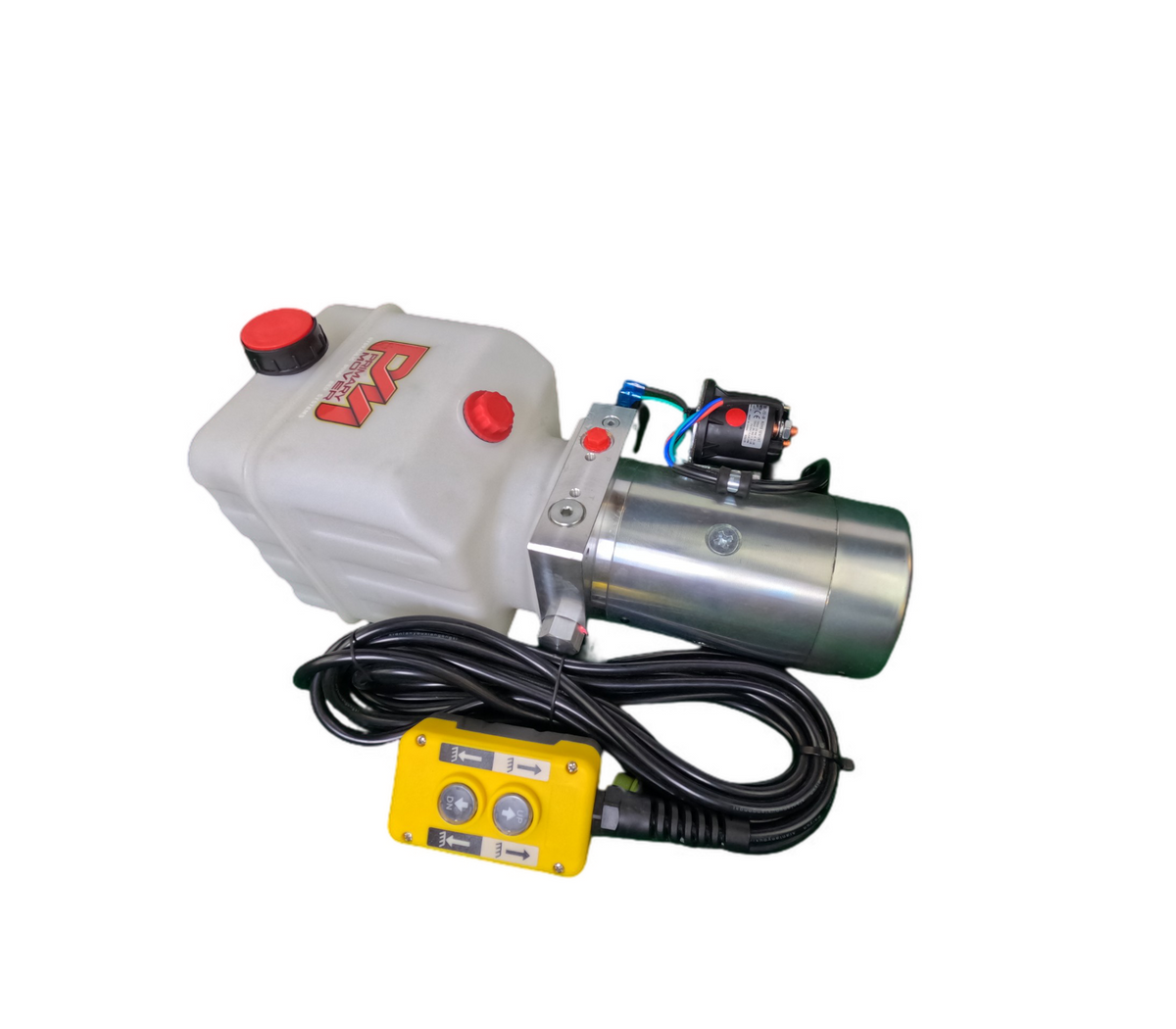 Single-acting DLH 12V hydraulic pump with poly reservoir, featuring a red button, black cord, and durable construction for efficient dump bed operations.