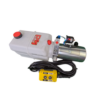 Single-acting DLH 12V hydraulic pump with poly reservoir, featuring a white plastic device with red buttons and black wires, designed for efficient lifting in various applications.