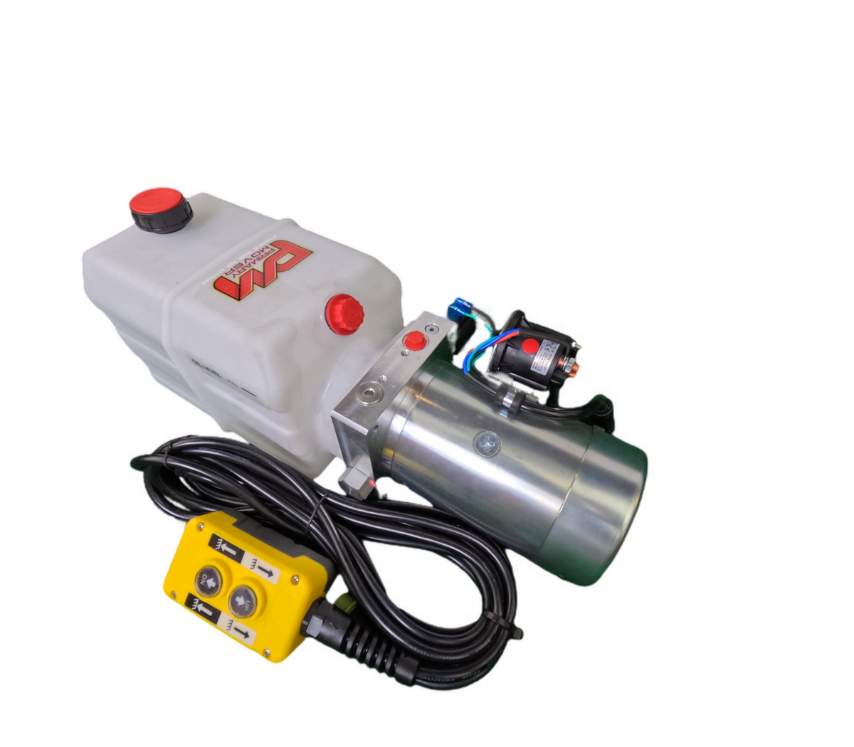 DLH 12V Single-Acting Hydraulic Pump - Poly Reservoir: A machine with a red cap, white container, yellow switch, and black wires, ideal for hydraulic dump bed trailers and trucks.