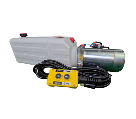 DLH 12V Single-Acting Hydraulic Pump with Poly Reservoir, featuring a yellow remote control, black cables, and a yellow button for efficient dump bed operation.
