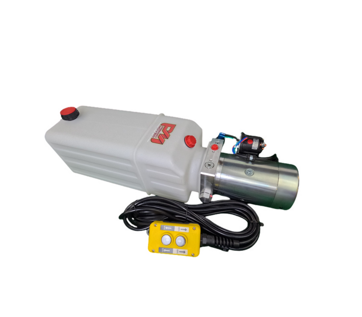 A white plastic cylinder with a red button and black cord, a yellow control panel, and wires. DLH 12V Single-Acting Hydraulic Pump - Poly Reservoir for efficient lifting in various applications.