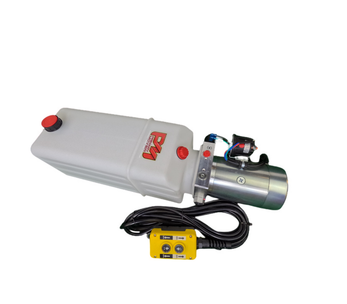 A white plastic cylinder with a red button, black wires, and a yellow box, showcasing the DLH 12V Single-Acting Hydraulic Pump - Poly Reservoir for efficient hydraulic operations.