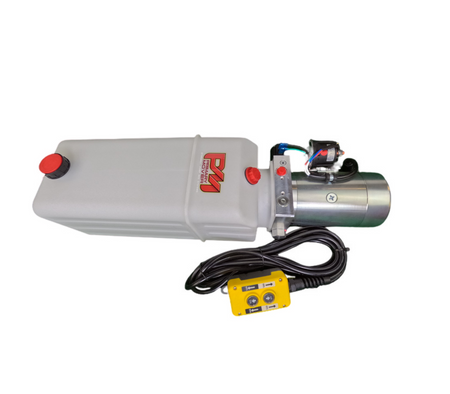 DLH 12V Single-Acting Hydraulic Pump with Poly Reservoir, featuring a red button, wires, and a white container. Ideal for dump bed trailers, trucks, and small-scale hydraulic systems.