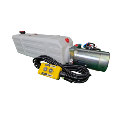 DLH 12V Single-Acting Hydraulic Pump with Poly Reservoir, featuring yellow button, black wires, and durable construction for efficient dump bed operations.
