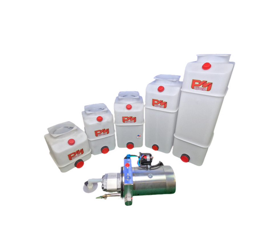 A group of white plastic containers with red lids, featuring the DLH 12V Single-Acting Hydraulic Pump - Poly Reservoir for efficient hydraulic power in various applications.