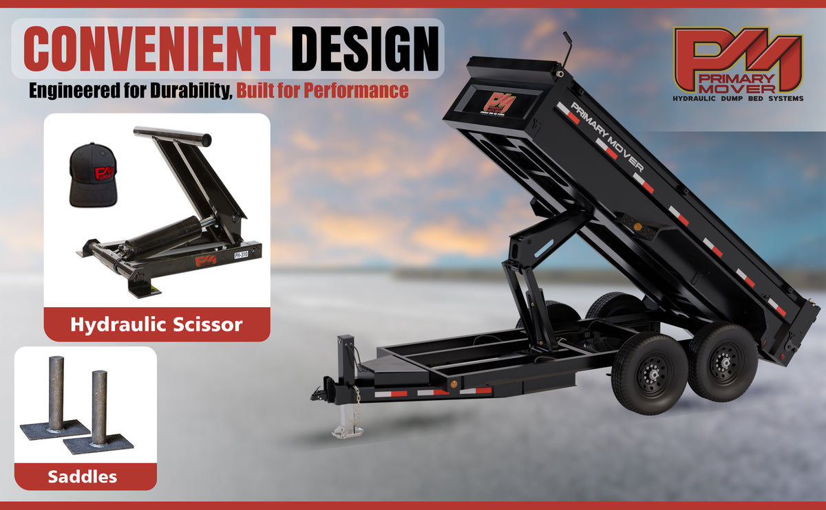 Hydraulic Scissor Hoist Kit - 3 Ton Capacity - Fits 8-10' Dump Body | PF-310: Trailer with lift, tire close-up, red rectangular sign, and black logo. Reliable, 3-year warranty, perfect for dump trailers or utility truck beds.