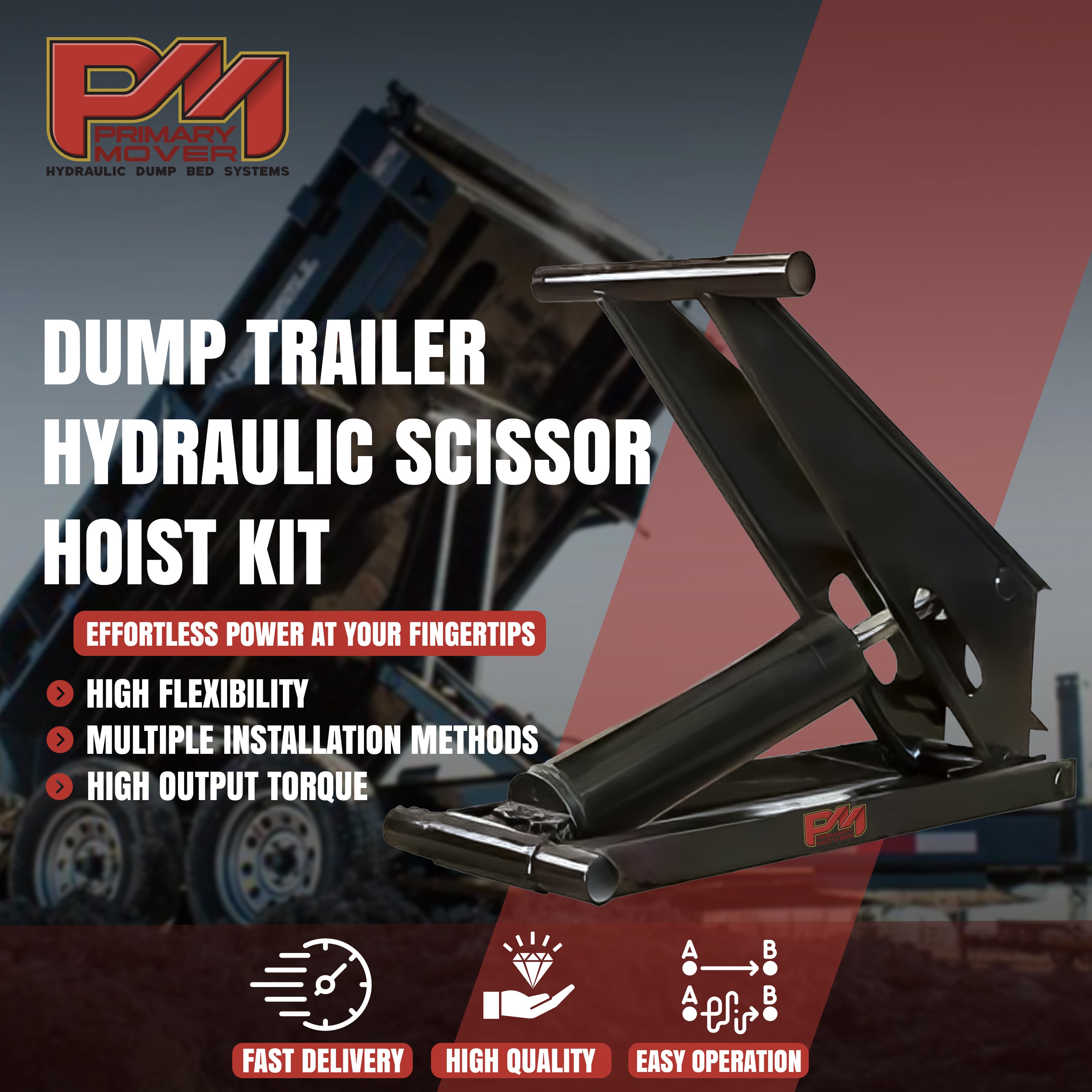 Hydraulic Scissor Hoist Kit - 11 Ton Capacity - Fits 16-20' Dump Body | PF-621-6: A black metal lifter with red and white text, including cylinder, mounting brackets, hydraulic pump, safety features, and more.