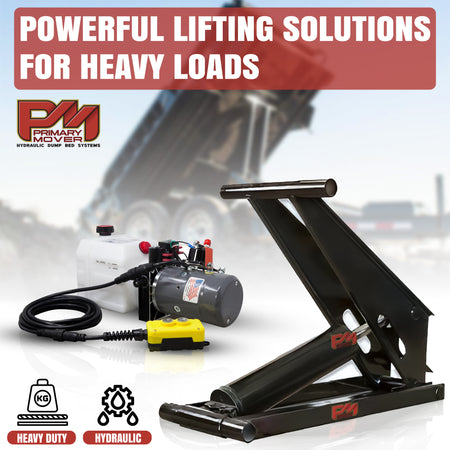 Hydraulic Scissor Hoist Kit - 10 Ton Capacity - Fits 12-16' Dump Body | PF-520: Black metal stand with cylinder, pump, motor, yellow device with buttons, and red sign. Includes cylinder, mounting brackets, hydraulic pump, and safety features.