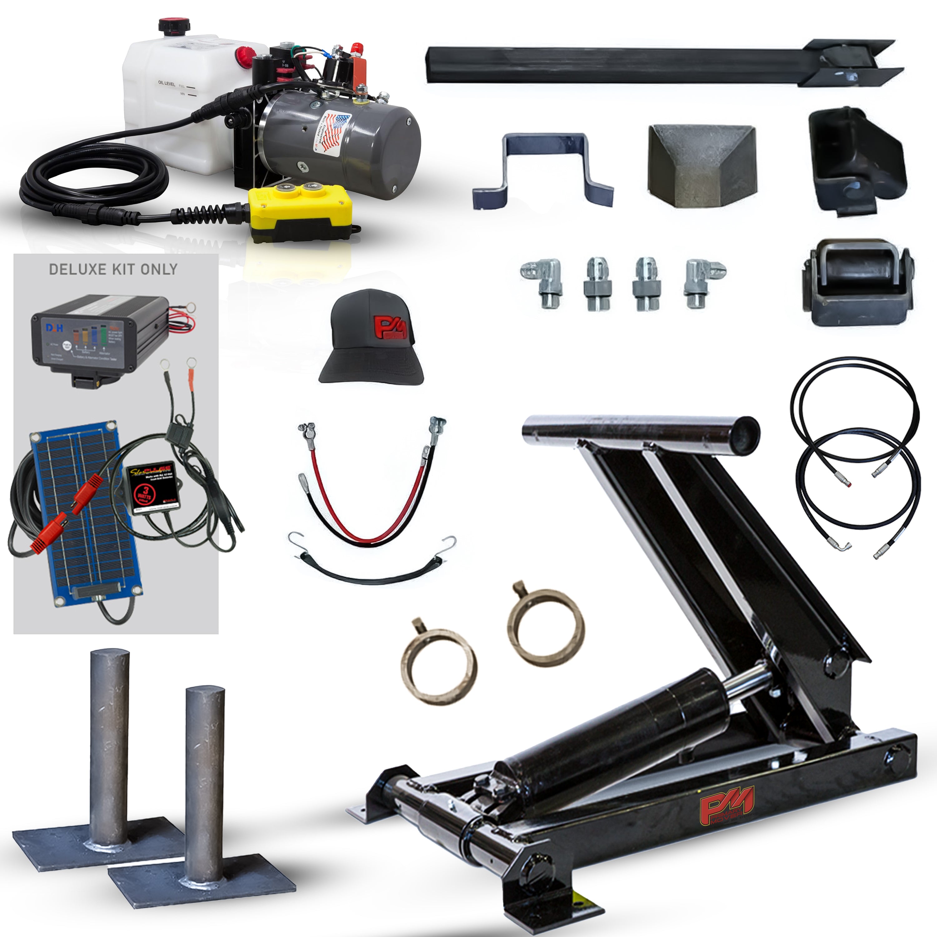 Hydraulic Scissor Hoist Kit - 3 Ton Capacity for 8-10' Dump Trailers. Includes cylinder, mounting brackets, hydraulic pump, safety features, and more. Reliable and durable with a 3-year warranty.
