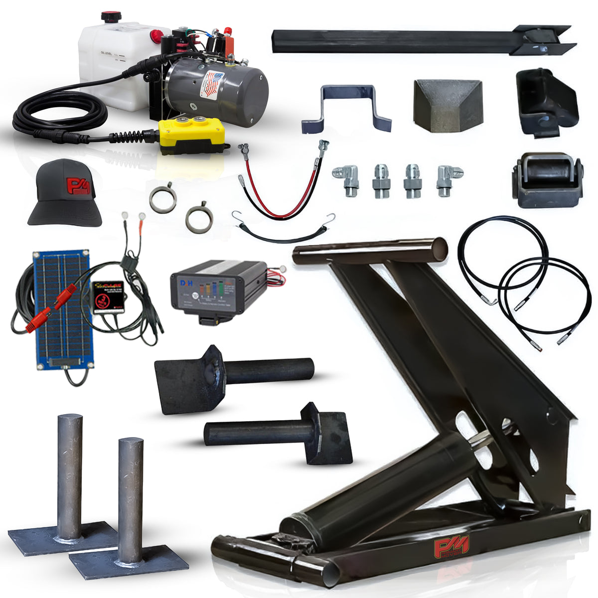 Hydraulic Scissor Hoist Kit - 8 Ton Capacity - Fits 10-14' Dump Body | PF-516: A collage featuring various equipment including a black machine with wires, a black box with colorful buttons, and a close-up of a solar panel.