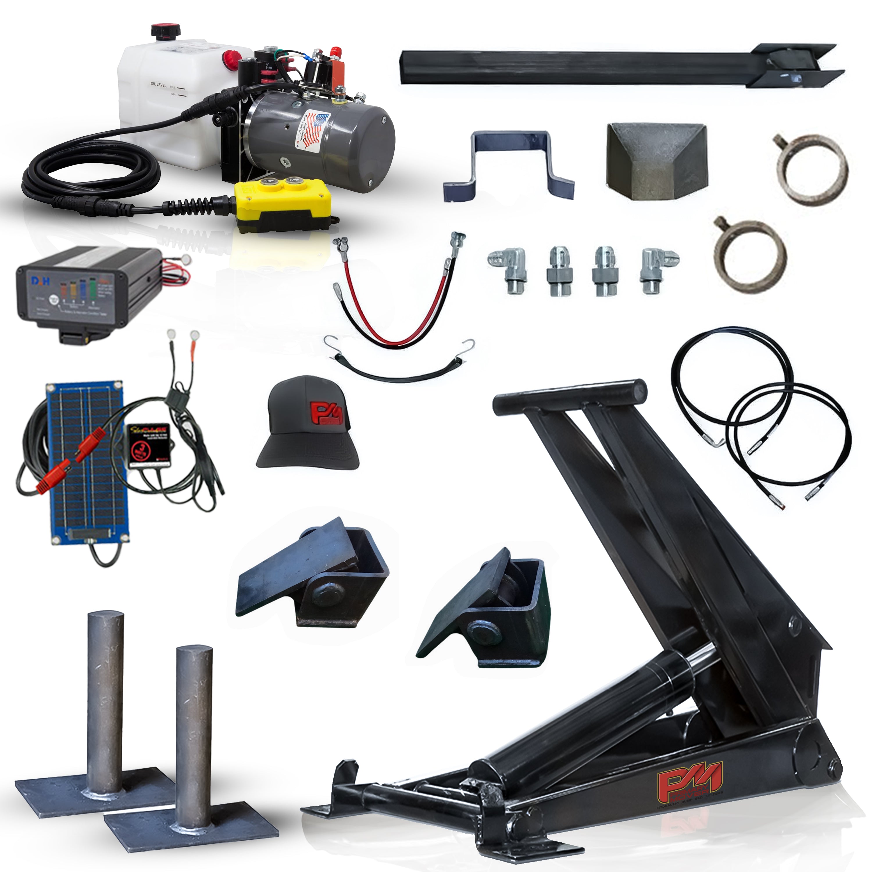 Hydraulic Scissor Hoist Kit - 12 Ton Capacity - Fits 16-20' Dump Body | PF-625. Collage of machine, black car jack, tools, logo, and cable. Includes cylinder, mounting brackets, hydraulic pump, and safety features.