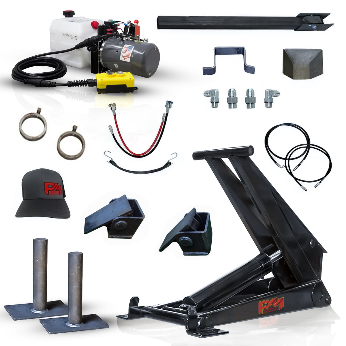 Hydraulic Scissor Hoist Kit - 12 Ton Capacity - Fits 16-20' Dump Body | PF-625: Collage of car hydraulic equipment, sticker on a barrel, red and yellow logo, metal rings, hydraulic components.